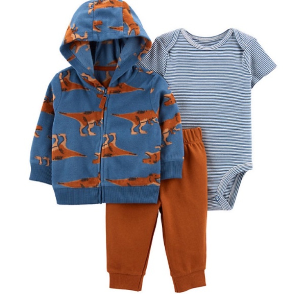 Three-piece dinosaur onesie with jogging pants and coat.Blue brown white